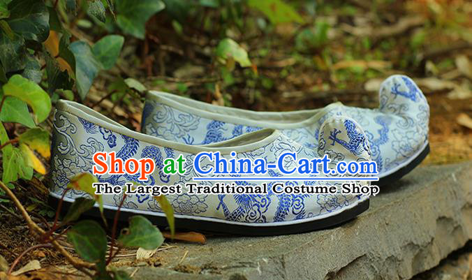 Chinese Traditional Ancient Empress Shoes Classical Dragons Pattern Shoes Handmade White Brocade Shoes