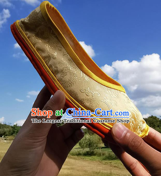 Chinese Handmade Light Golden Brocade Shoes Traditional Ancient Empress Shoes Classical Dragons Pattern Shoes