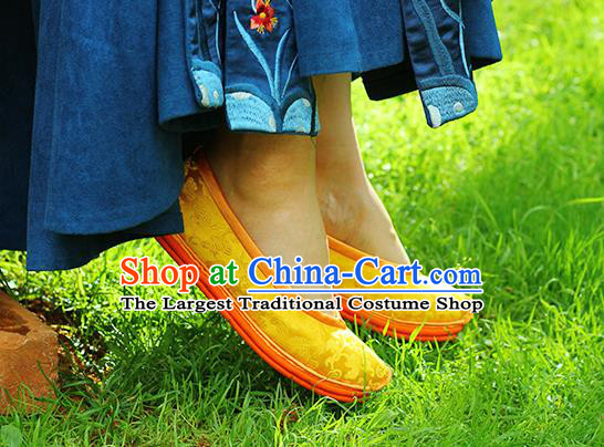Chinese Handmade Light Golden Brocade Shoes Traditional Ancient Empress Shoes Classical Dragons Pattern Shoes