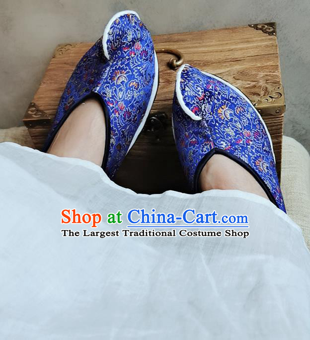 Chinese Handmade Classical Cockscomb Pattern Brocade Shoes Traditional Royalblue Dance Shoes