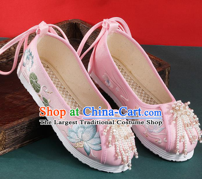 Chinese Traditional Beads Tassel Shoes Classical Dance Pink Cloth Shoes National Embroidered Lotus Shoes