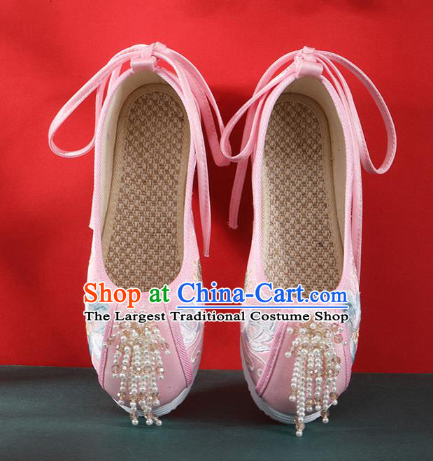 Chinese Traditional Beads Tassel Shoes Classical Dance Pink Cloth Shoes National Embroidered Lotus Shoes