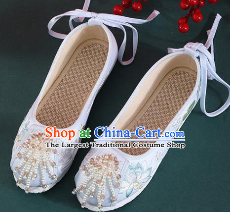 Chinese National Embroidered Lotus Shoes Traditional Beads Tassel Shoes Classical Dance Blue Cloth Shoes