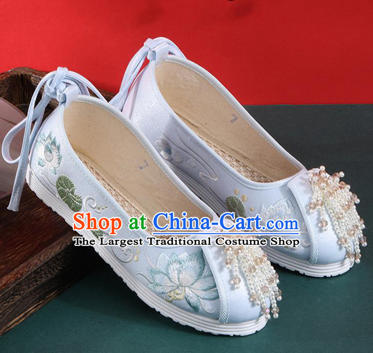 Chinese National Embroidered Lotus Shoes Traditional Beads Tassel Shoes Classical Dance Blue Cloth Shoes