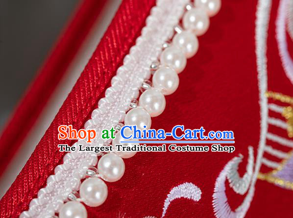 Chinese National Wedding Red Embroidered Shoes Traditional Pearls Tassel Shoes Classical Wedge Heel Shoes