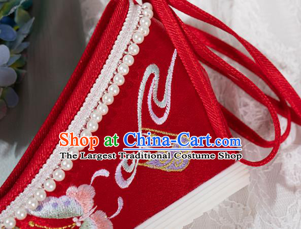 Chinese National Wedding Red Embroidered Shoes Traditional Pearls Tassel Shoes Classical Wedge Heel Shoes