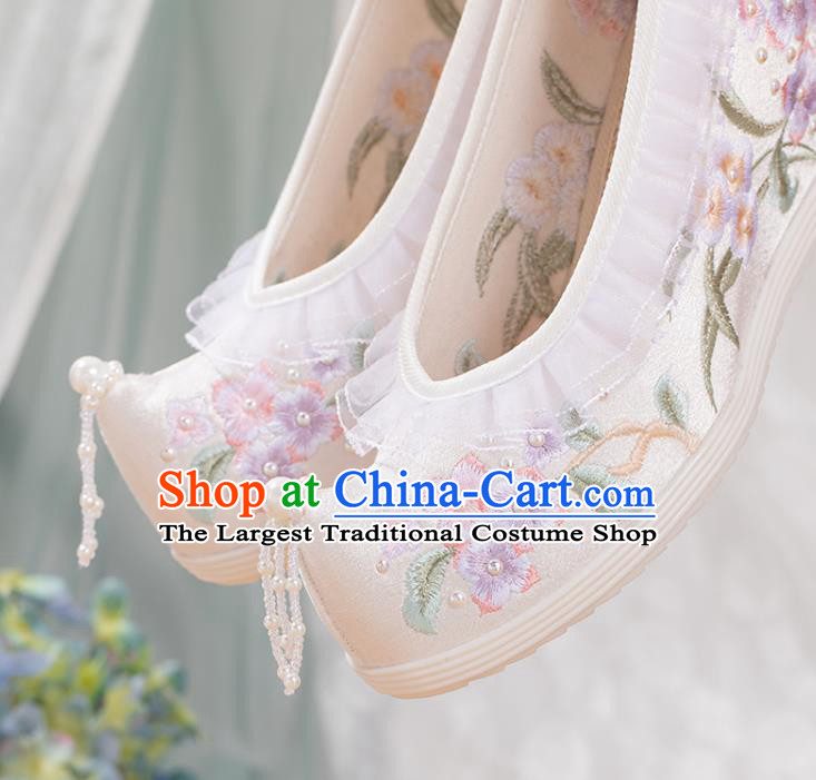 Chinese National Embroidery Flowers White Satin Shoes Traditional Pearls Bow Shoes Classical Wedge Heel Shoes