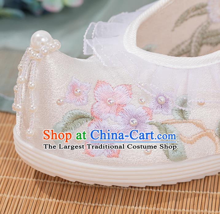 Chinese National Embroidery Flowers White Satin Shoes Traditional Pearls Bow Shoes Classical Wedge Heel Shoes
