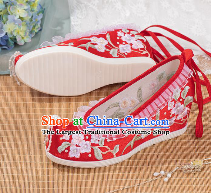 Chinese Classical Wedding Wedge Heel Shoes National Embroidery Flowers Red Satin Shoes Traditional Xiuhe Pearls Shoes