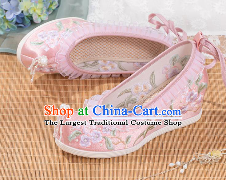 Chinese Traditional Pink Satin Pearls Shoes Classical Wedge Heel Shoes National Embroidery Flowers Shoes