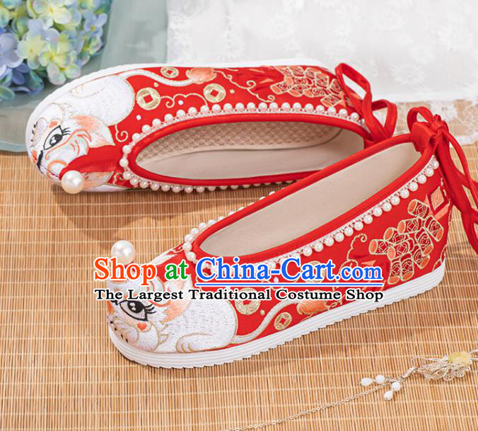 China Wedding Hanfu Embroidery Shoes Traditional Tang Dynasty Red Cloth Shoes Ancient Princess Pearls Shoes