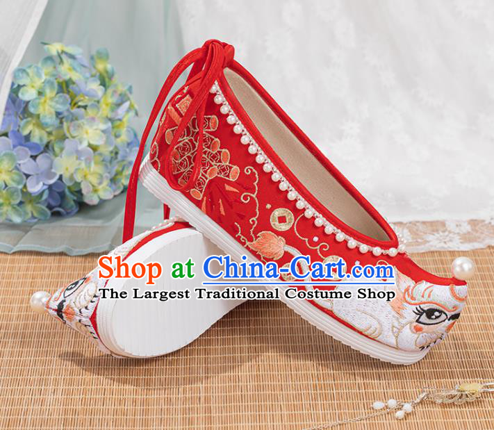 China Wedding Hanfu Embroidery Shoes Traditional Tang Dynasty Red Cloth Shoes Ancient Princess Pearls Shoes