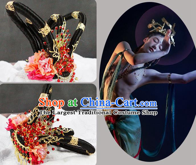 China Classical Flying Apsaras Dance Wigs Chignon Traditional Tang Dynasty Palace Lady Headwear