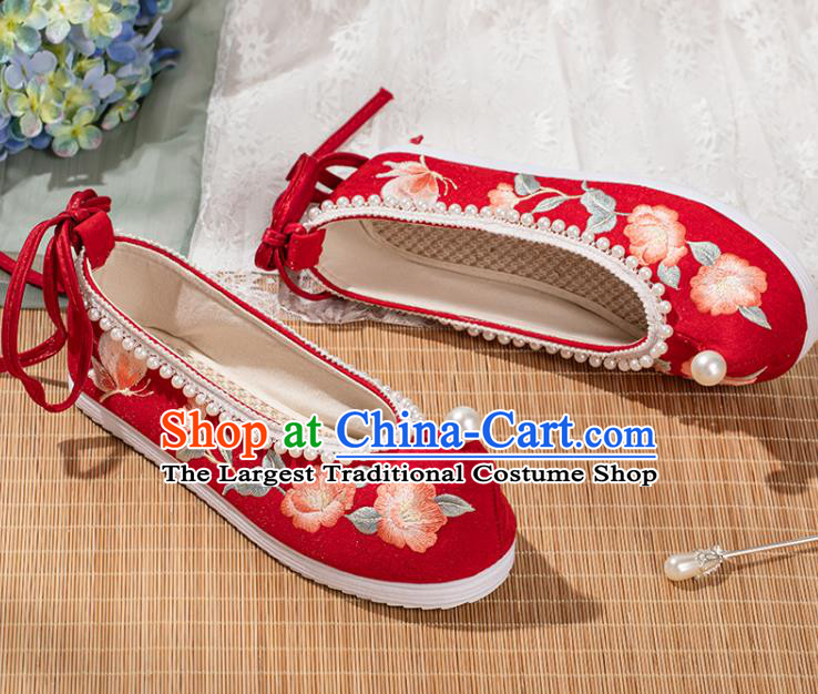 China Ancient Princess Embroidery Shoes Traditional Wedding Hanfu Shoes Ming Dynasty Red Cloth Bow Shoes