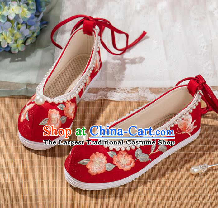 China Ancient Princess Embroidery Shoes Traditional Wedding Hanfu Shoes Ming Dynasty Red Cloth Bow Shoes