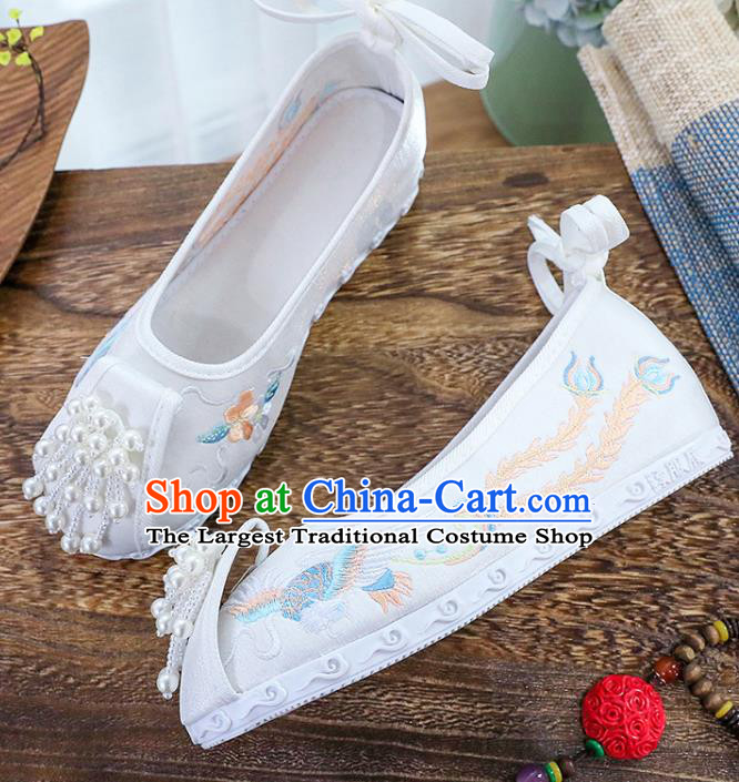Chinese Traditional Hanfu White Cloth Shoes Classical Dance Shoes National Embroidery Phoenix Shoes