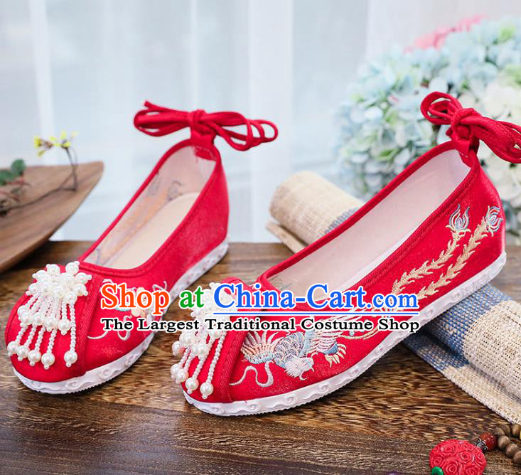 Chinese National Embroidery Phoenix Shoes Traditional Wedding Hanfu Red Cloth Shoes Classical Xiuhe Shoes