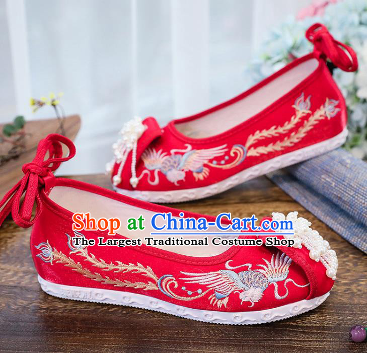Chinese National Embroidery Phoenix Shoes Traditional Wedding Hanfu Red Cloth Shoes Classical Xiuhe Shoes