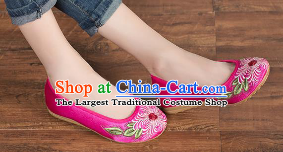 Chinese Classical Embroidered Shoes Traditional Rosy Satin Shoes National Folk Dance Shoes