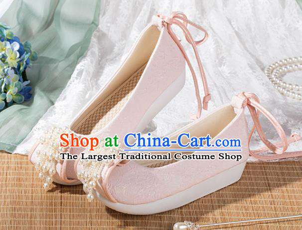 China Traditional Tang Dynasty Pink Cloth Shoes Ancient Princess Shoes Hanfu Pearls Toe Shoes