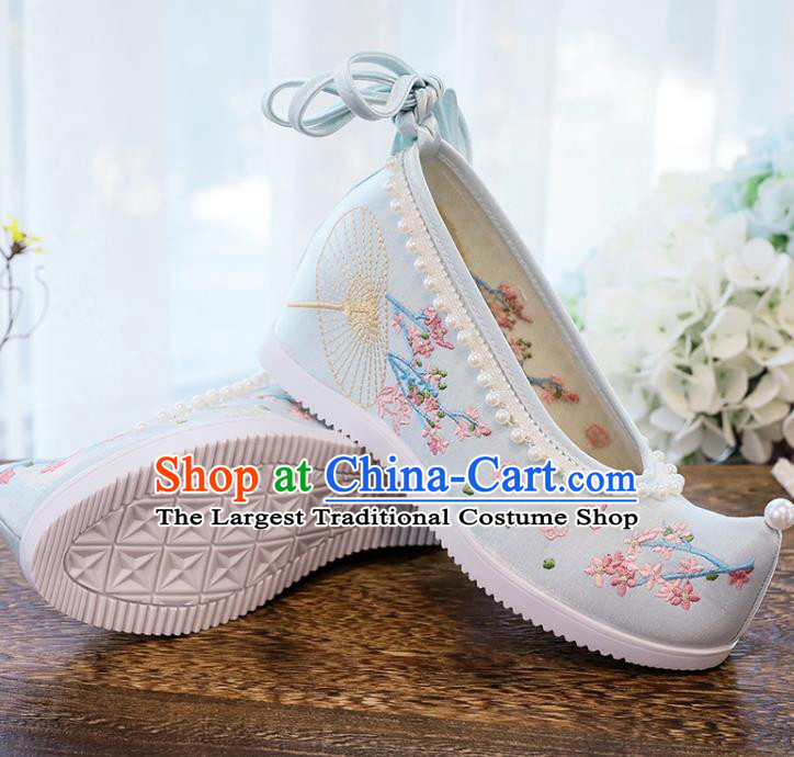 Chinese Traditional Woman Shoes National Wedge Heel Shoes Embroidery Blue Cloth Shoes