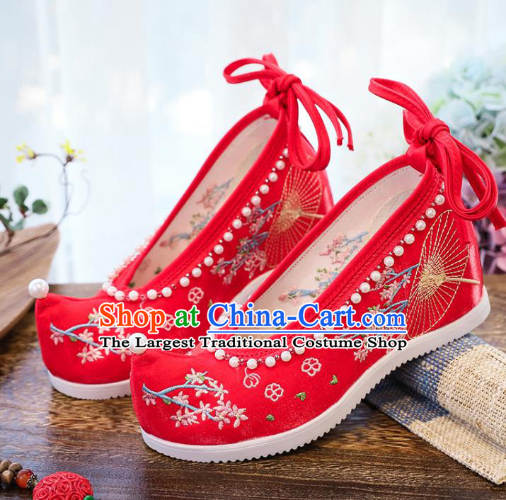 Chinese Wedding Embroidery Red Cloth Shoes Traditional Xiuhe Woman Shoes National Wedge Heel Shoes