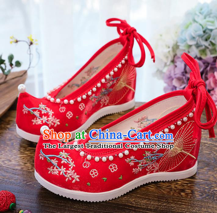Chinese Wedding Embroidery Red Cloth Shoes Traditional Xiuhe Woman Shoes National Wedge Heel Shoes