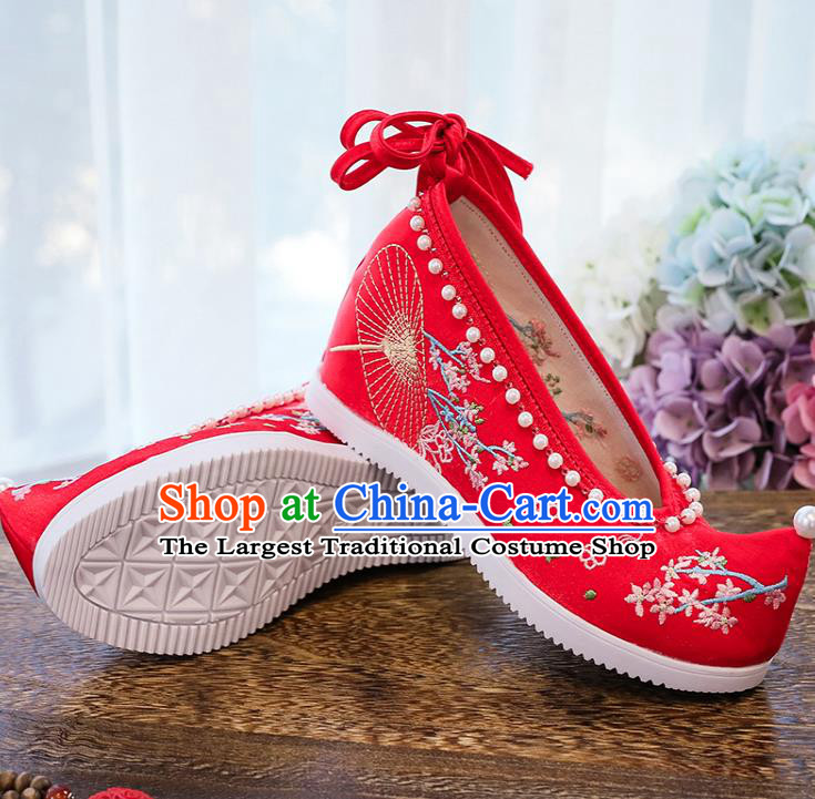 Chinese Wedding Embroidery Red Cloth Shoes Traditional Xiuhe Woman Shoes National Wedge Heel Shoes