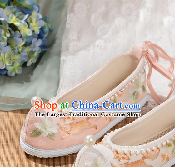 China Hanfu Pearls Shoes Traditional Ming Dynasty Embroidered Shoes Ancient Princess Pink Cloth Shoes