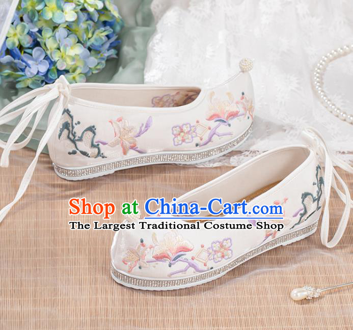 Chinese Classical Embroidery Mangnolia Shoes Traditional Woman White Cloth Shoes National Dance Shoes