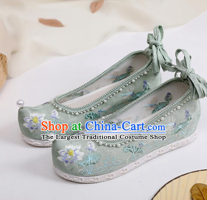 Chinese Embroidery Lotus Shoes Traditional Woman Green Cloth Shoes Classical Dance Shoes