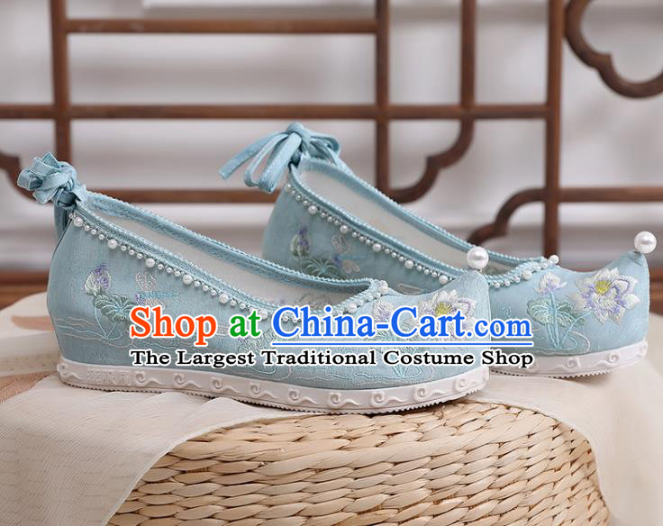 Chinese Classical Dance Shoes Footwear Embroidery Lotus Shoes Traditional Woman Blue Cloth Shoes