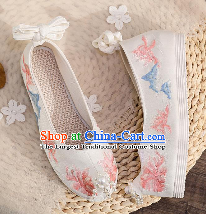 China Traditional Hanfu Beads Toe Shoes Ancient Ming Dynasty Embroidered Shoes Princess Shoes