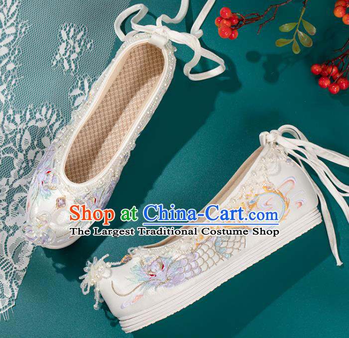 China Ming Dynasty Beads Tassel Shoes Handmade White Cloth Shoes Ancient Princess Embroidered Shoes Traditional Hanfu Shoes