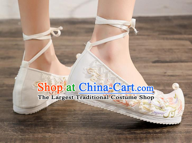 China Traditional Hanfu Pearls Tassel Shoes Handmade Ming Dynasty Bow Shoes Ancient Princess Embroidered Phoenix Shoes