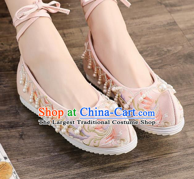 China Ancient Princess Pink Embroidered Phoenix Shoes Traditional Hanfu Pearls Tassel Shoes Handmade Ming Dynasty Bow Shoes
