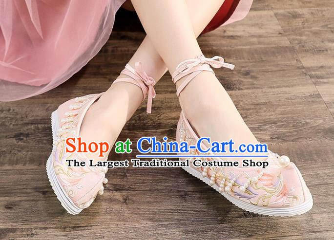 China Ancient Princess Pink Embroidered Phoenix Shoes Traditional Hanfu Pearls Tassel Shoes Handmade Ming Dynasty Bow Shoes