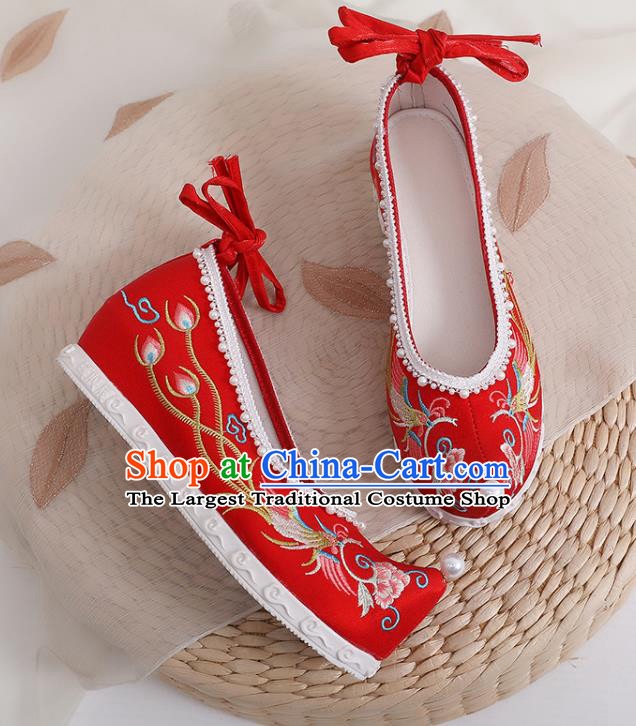 Chinese National Embroidery Phoenix Peony Shoes Traditional Wedding Red Cloth Shoes Classical Bride Pearls Shoes