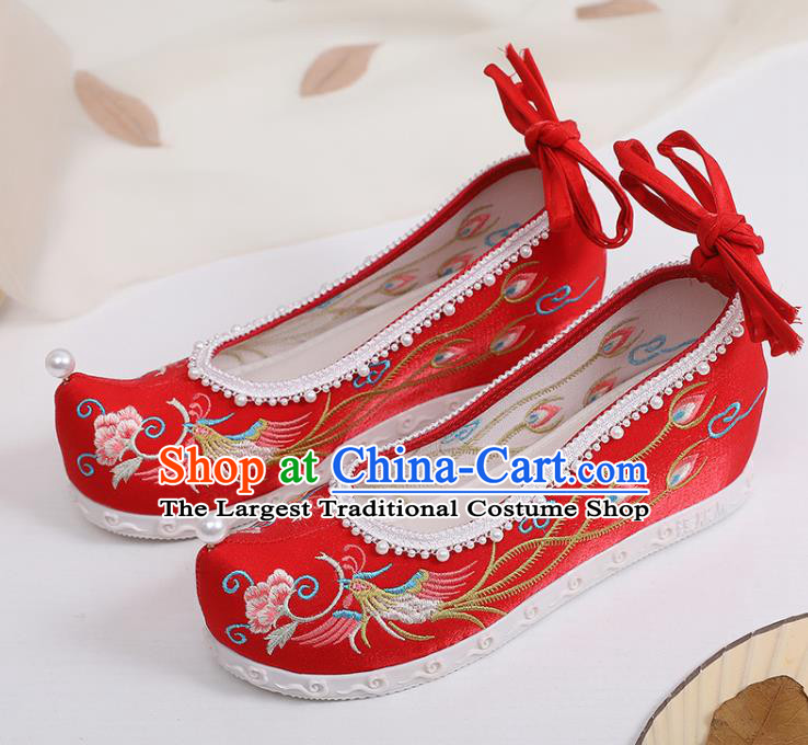Chinese National Embroidery Phoenix Peony Shoes Traditional Wedding Red Cloth Shoes Classical Bride Pearls Shoes