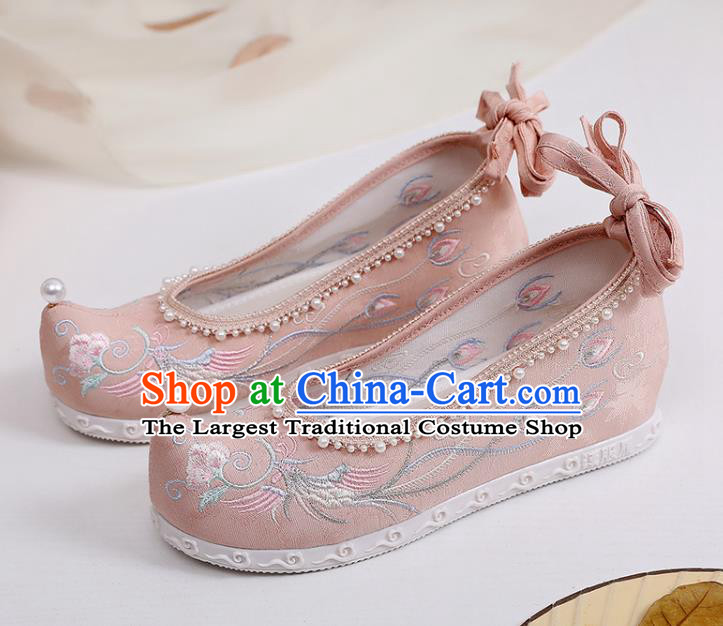 Chinese Classical Pearls Shoes National Embroidery Phoenix Peony Shoes Traditional Pink Cloth Shoes