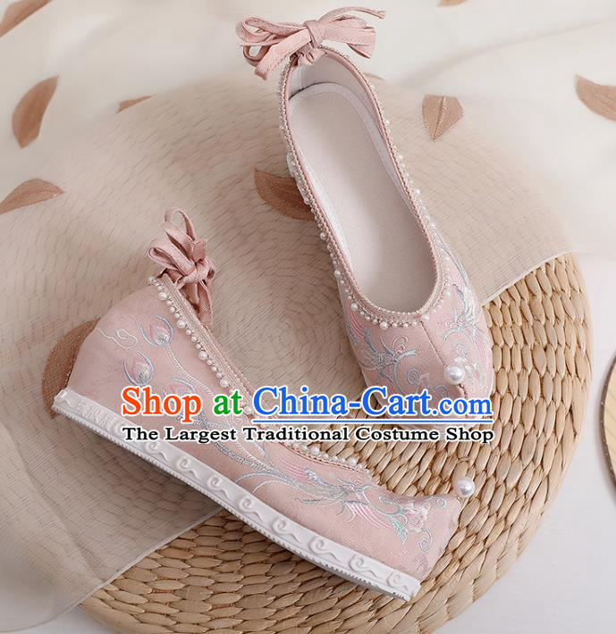 Chinese Classical Pearls Shoes National Embroidery Phoenix Peony Shoes Traditional Pink Cloth Shoes