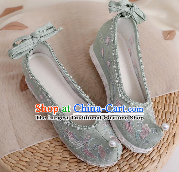 Chinese Traditional Embroidery Phoenix Peony Shoes Classical Dance Pearls Shoes National Green Cloth Shoes