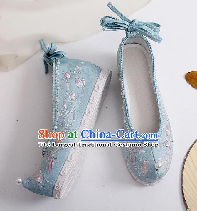 Chinese National Blue Cloth Shoes Traditional Embroidery Phoenix Peony Shoes Classical Dance Pearls Shoes