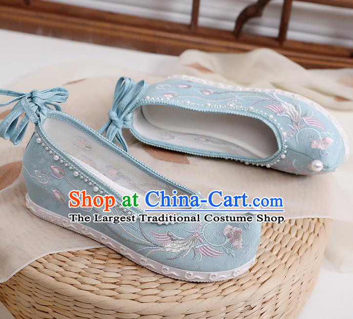 Chinese National Blue Cloth Shoes Traditional Embroidery Phoenix Peony Shoes Classical Dance Pearls Shoes