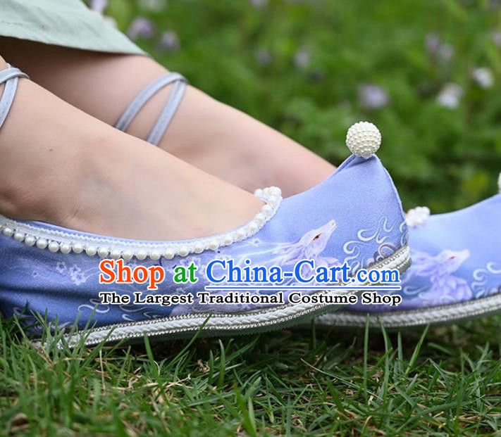 China Handmade Ming Dynasty Bow Shoes Ancient Princess Shoes Traditional Hanfu Blue Cloth Shoes