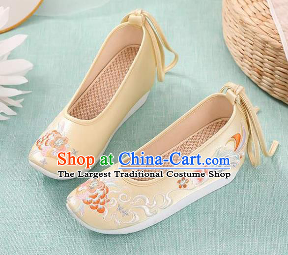 Chinese Embroidery Peony Shoes National Woman Footwear Traditional Beijing Yellow Cloth Shoes