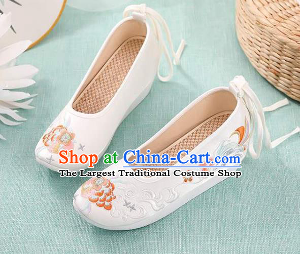 Chinese Traditional Beijing White Cloth Shoes Embroidery Peony Shoes National Woman Footwear
