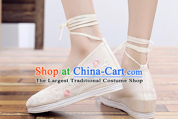 Chinese Traditional Folk Dance Shoes National Female Shoes Embroidered Beige Cloth Shoes