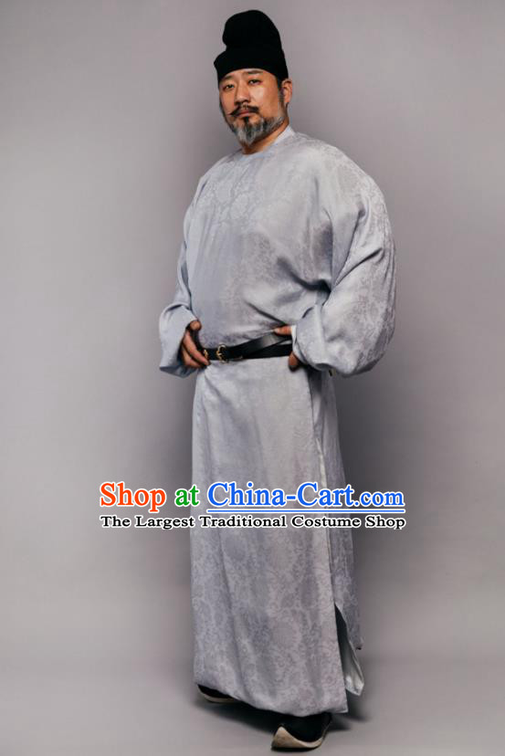 China Ancient Tang Dynasty Elderly Male Historical Clothing Grey Silk Robe Garment and Hat