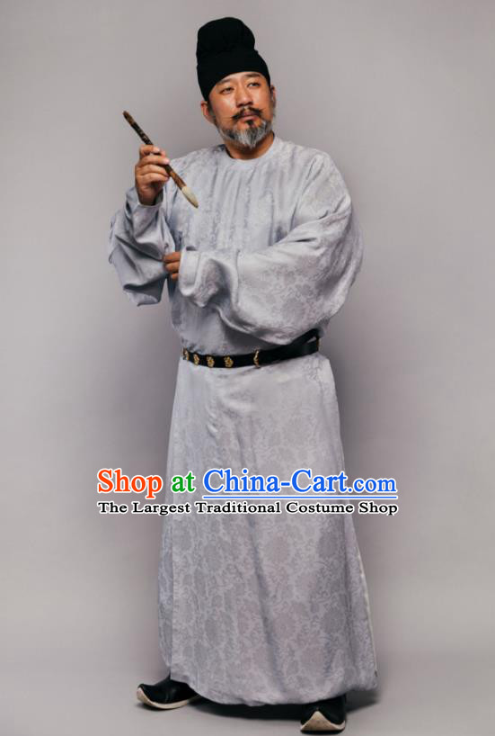 China Ancient Tang Dynasty Elderly Male Historical Clothing Grey Silk Robe Garment and Hat